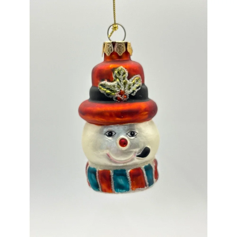 Vintage Blown Glass Snowman Head Christmas Ornament Top Hat Retro Pipe Holly